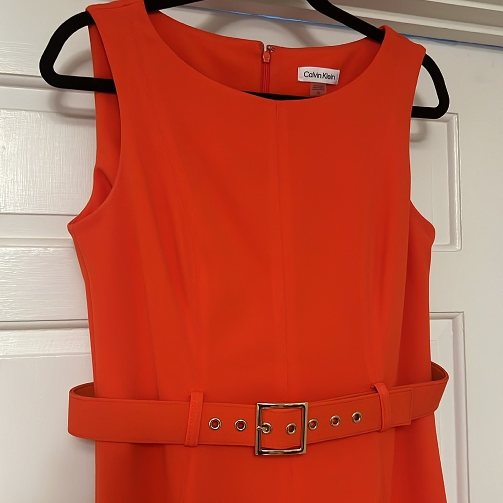 Calvin Klein women’s size 10 sleeveless belted dress. Orange. Zippered back. - Picture 2 of 4